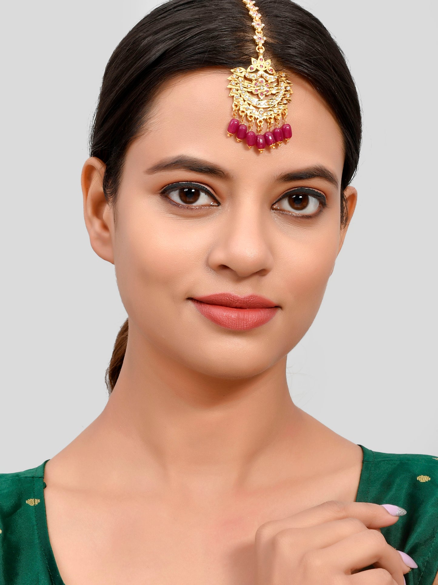 Gold Plated White & Maroon Studded & Beaded Women Handcrafted Maang Tikka
