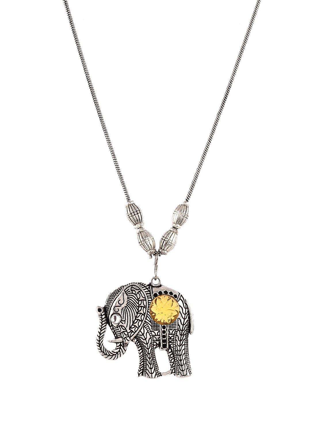 Silver Plated Oxidised Brown Stone Studded Elephant Necklace