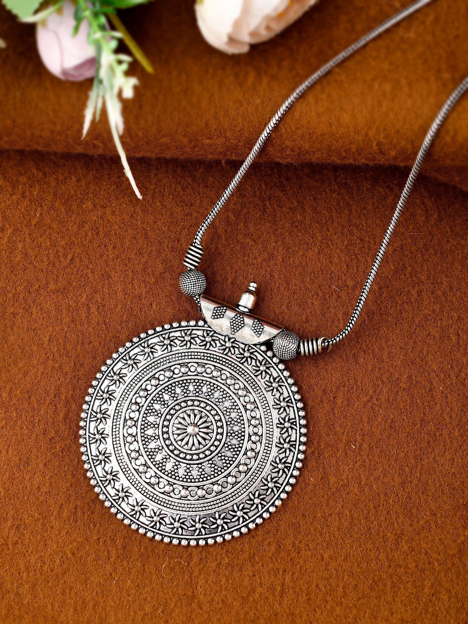 Silver Plated Oxidised handcrafted Floral Pendant Necklace