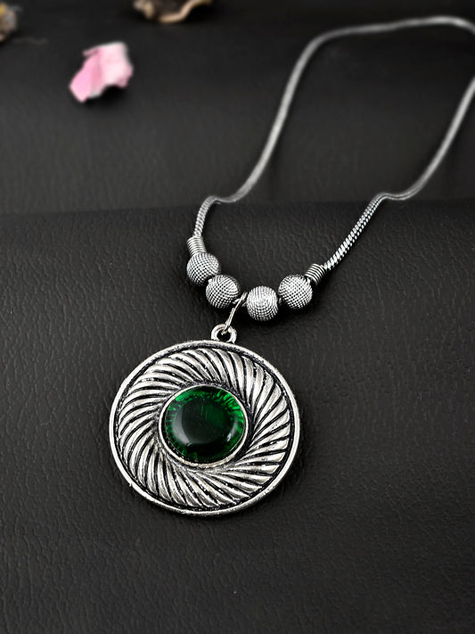 Silver Plated Oxidised Green Stone Studded Circular Pendant Necklaces for Women Online