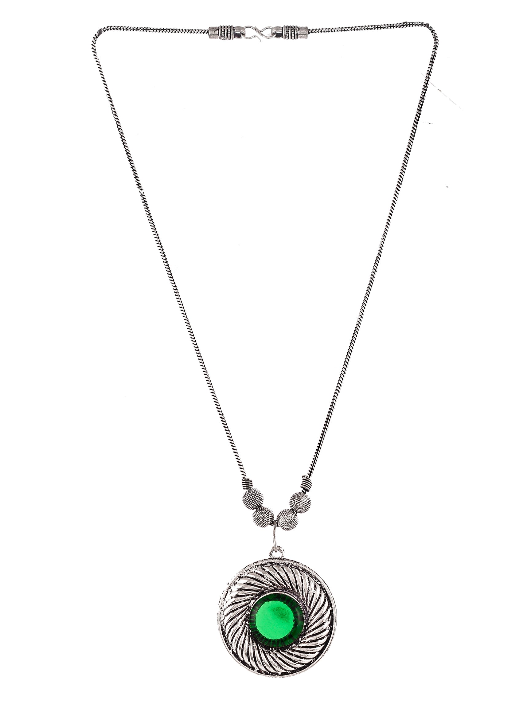 Silver Plated Oxidised Green Stone Studded Circular Pendant Necklace