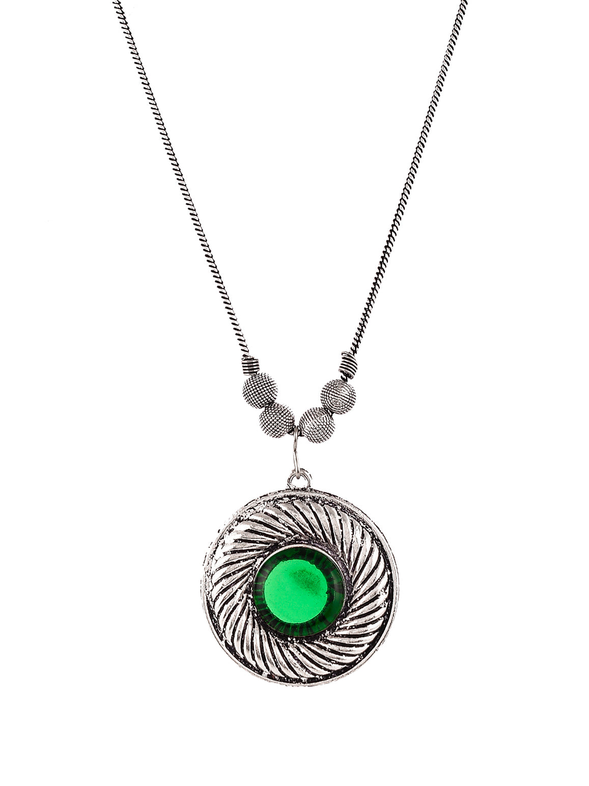 Silver Plated Oxidised Green Stone Studded Circular Pendant Necklace