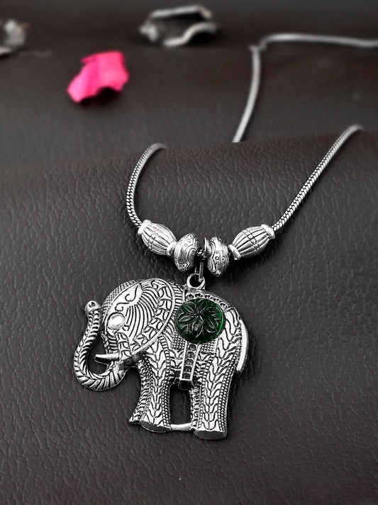 Silver Plated Oxidised Green Stone Studded Elephant Necklaces for Women Online