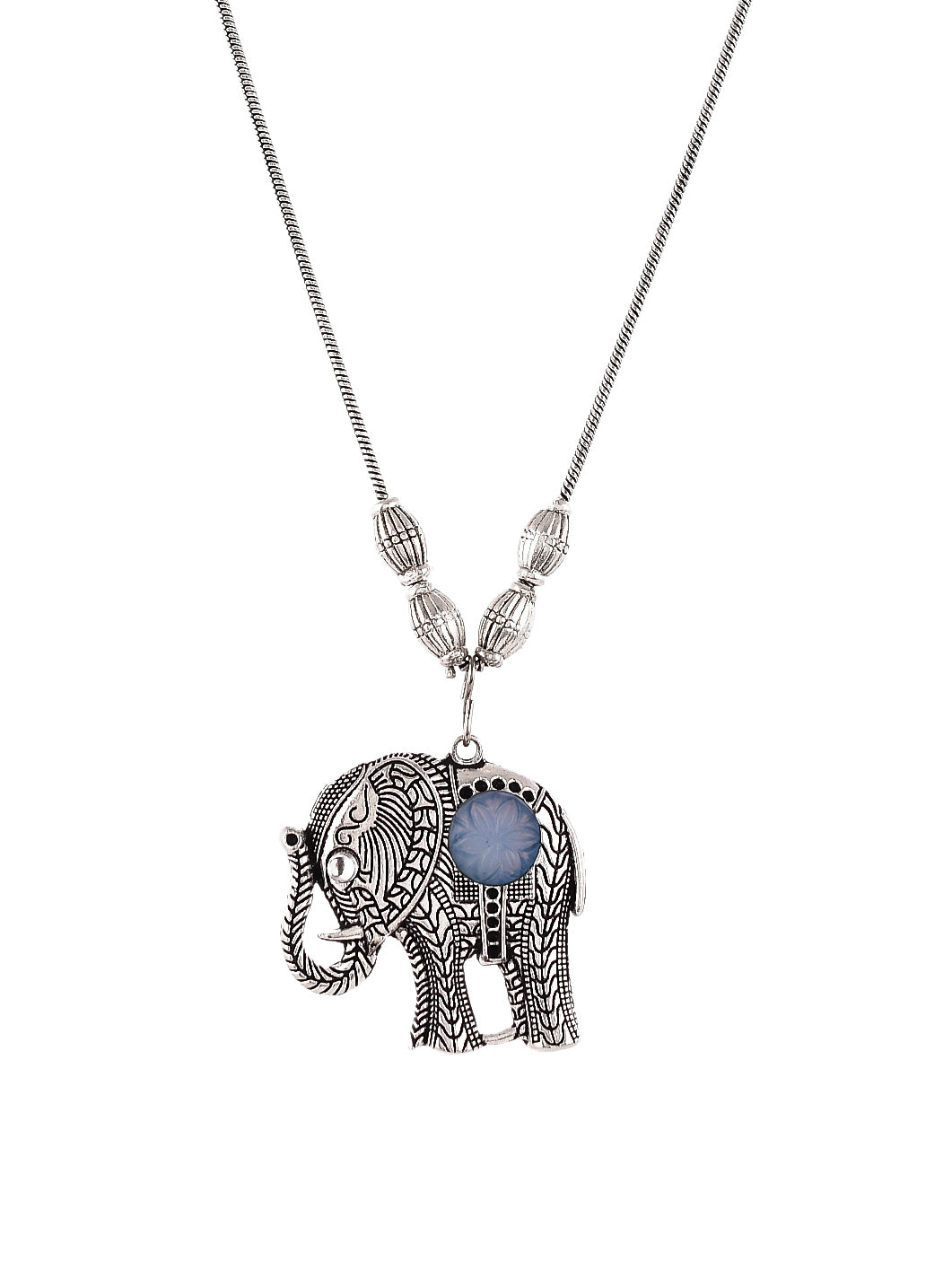Designer Silver Plated Oxidised Blue Stone Elephant Necklace
