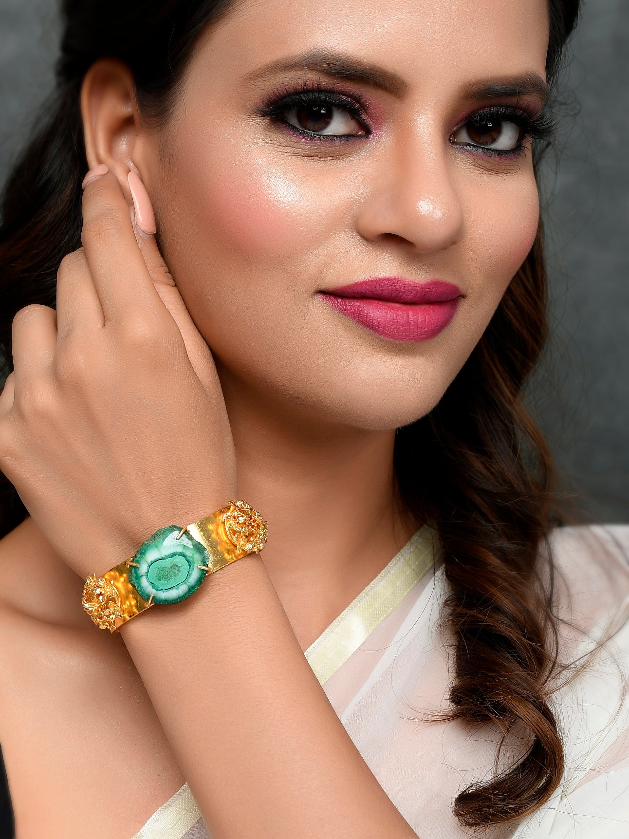 Gold Plated Green Stone Studded Kada Bracelet