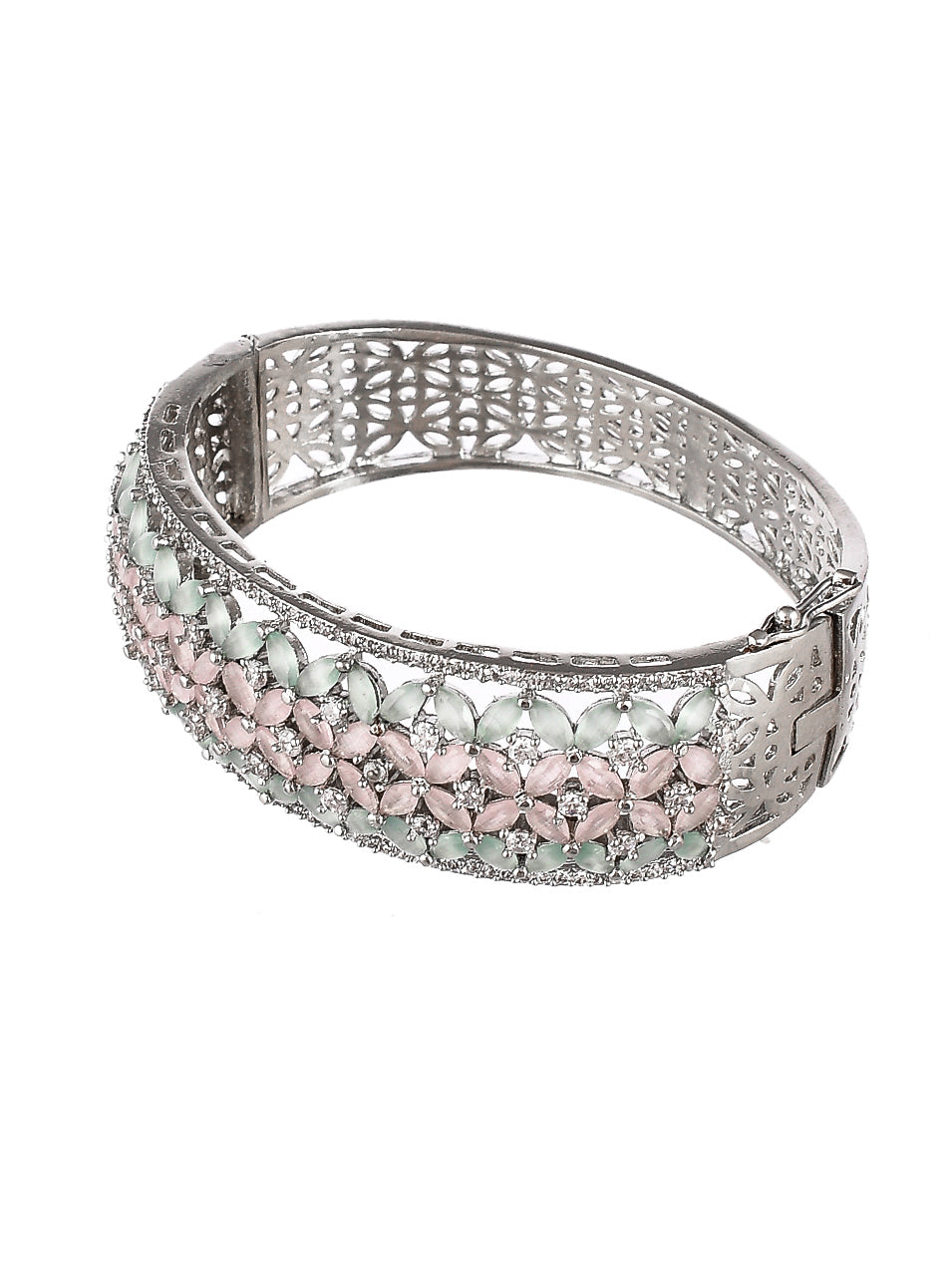 Green & Pink AD Stone Studded Traditonal Kada Silver Plated Bracelet