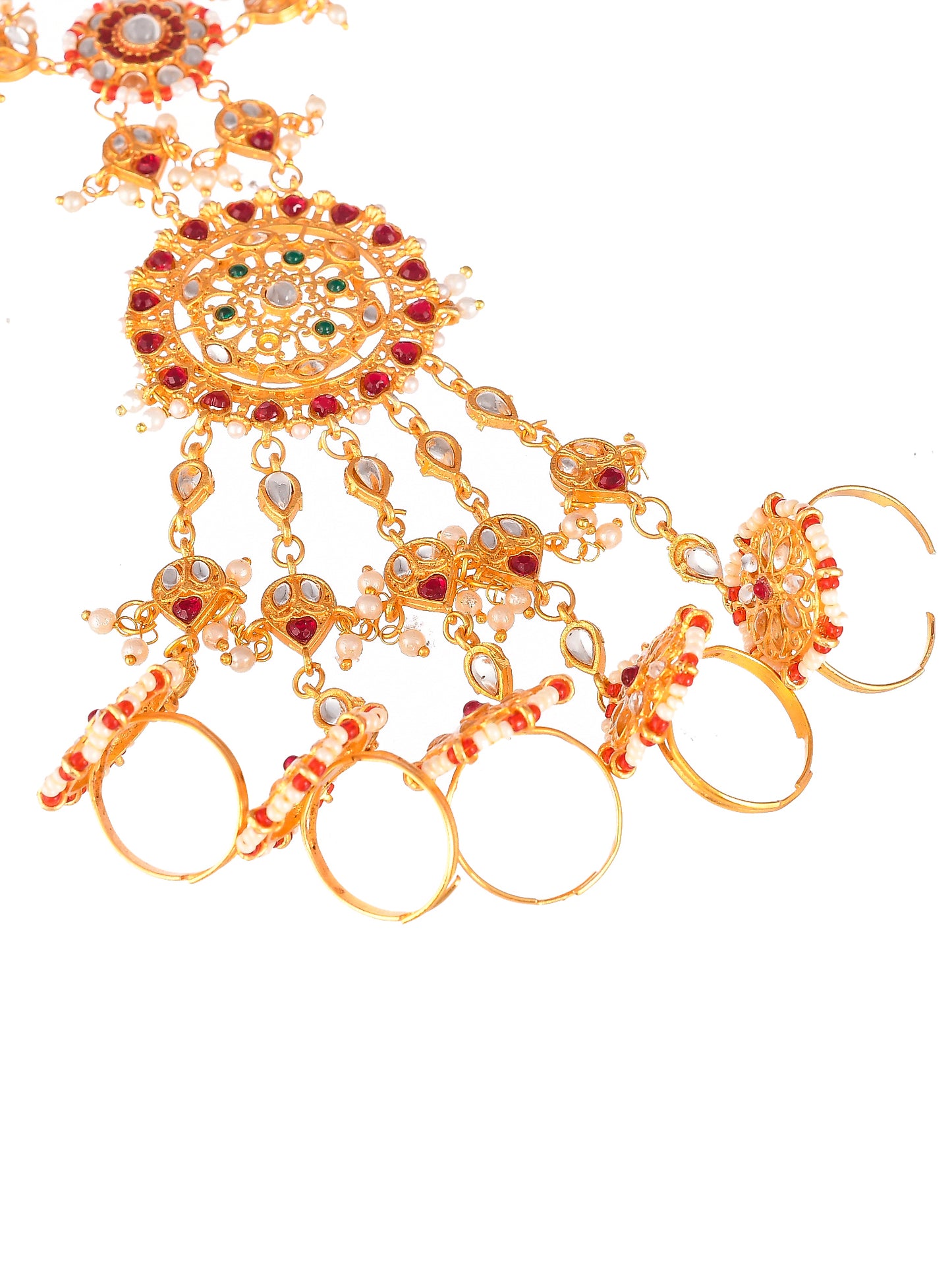 Gold Plated Red Kundan Stone Studded Hathphool ring Bracelet