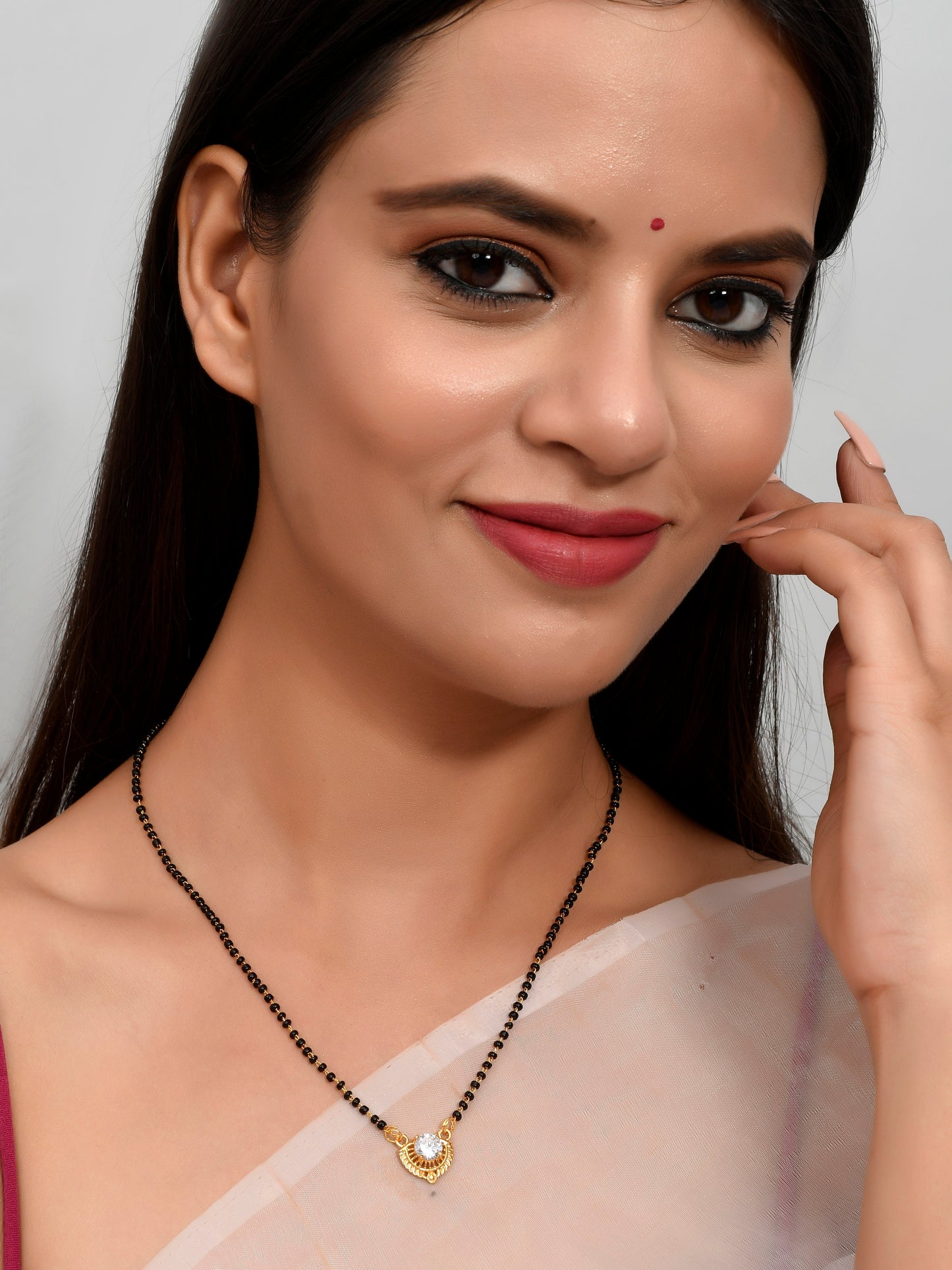 Gold Plated Black Stone Studded & Beaded Designer Heart Mangalsutra