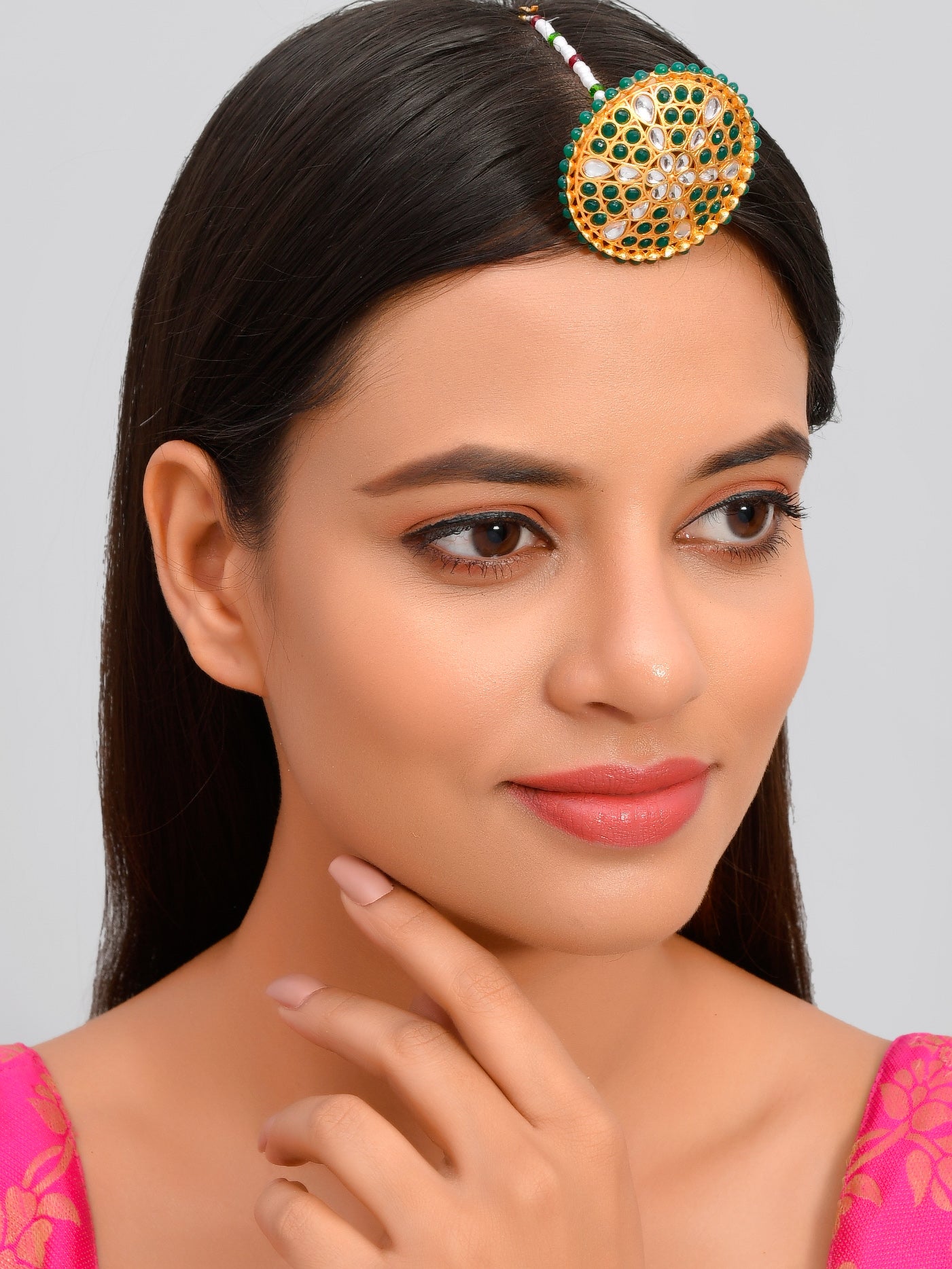 Gold plated Pearl Green Beads Stubbed Traditional Rajwadi Borla Maangtika