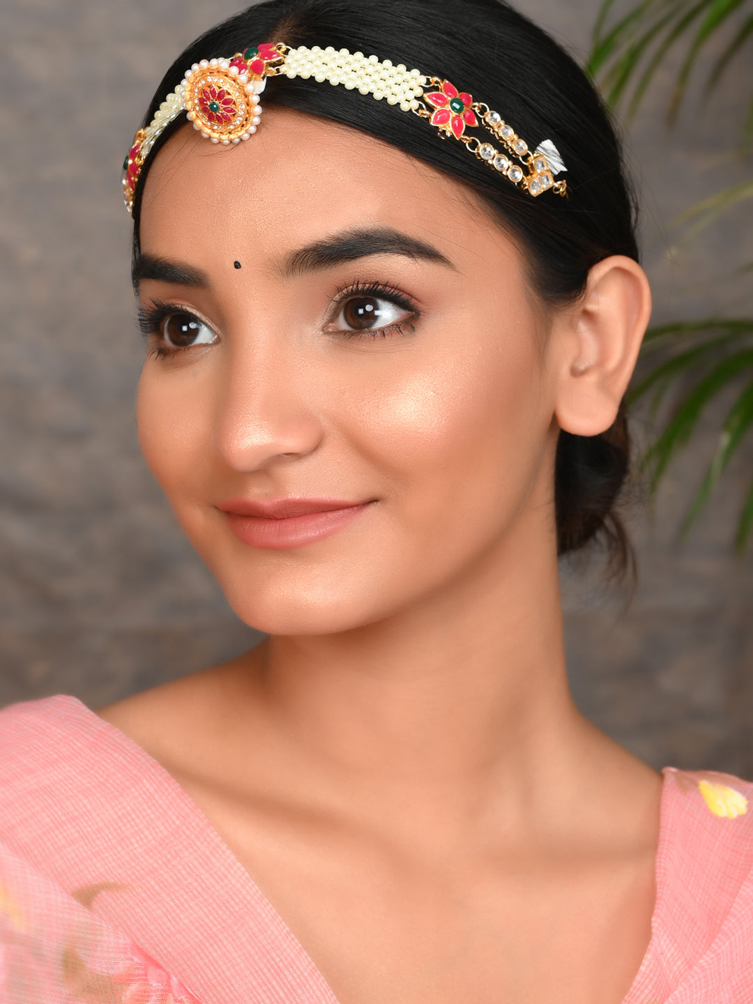 Gold Plated Pearl Red & Green Stone Stubbed Ethnic Borla Sheeshphool