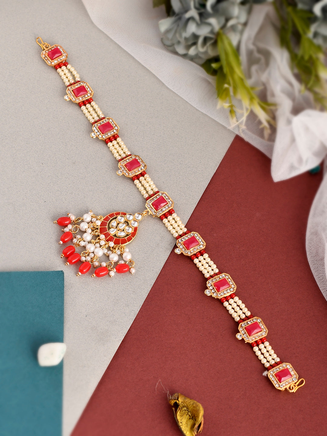 Buy Pearl Ad Red Traditional Wedding Matha Patti Sheeshphool for