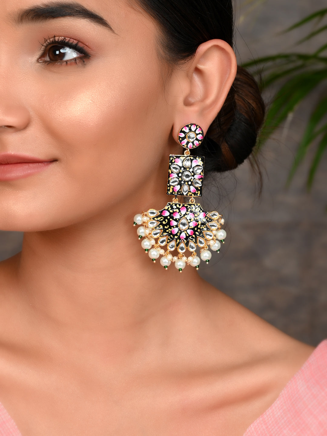 Gold Plated Handpainted Ethnic Kundan Dangle Earrings