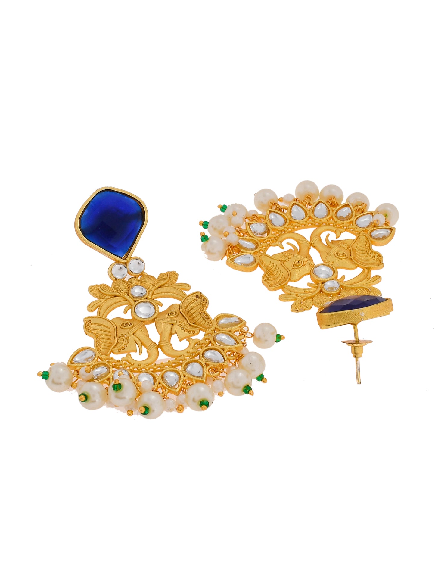 Gold Plated Blue Stone Stubbed Pearl Kundan Earrings for Women