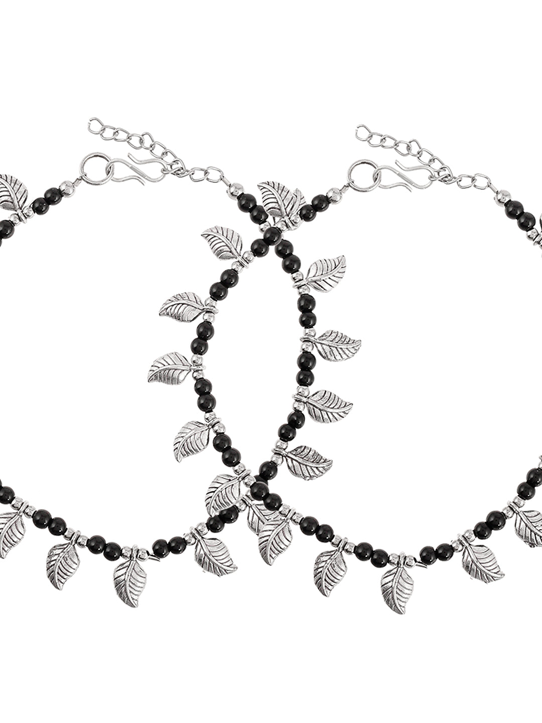 Designer Oxidized Silver Plated Black Beads Leaf Charm Payal