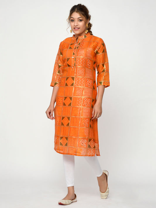 Women Orange & Grey Straight Indian Kurta for Women Online