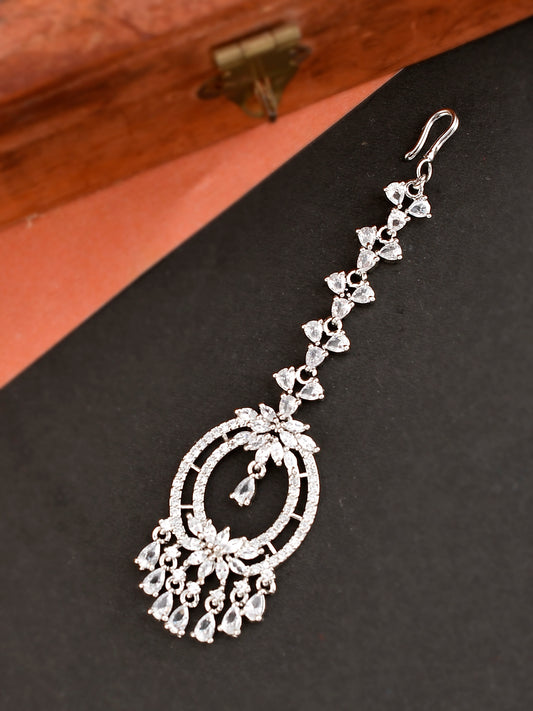 Silver Plated White American Diamond Studded Maang Tikka for Women Online