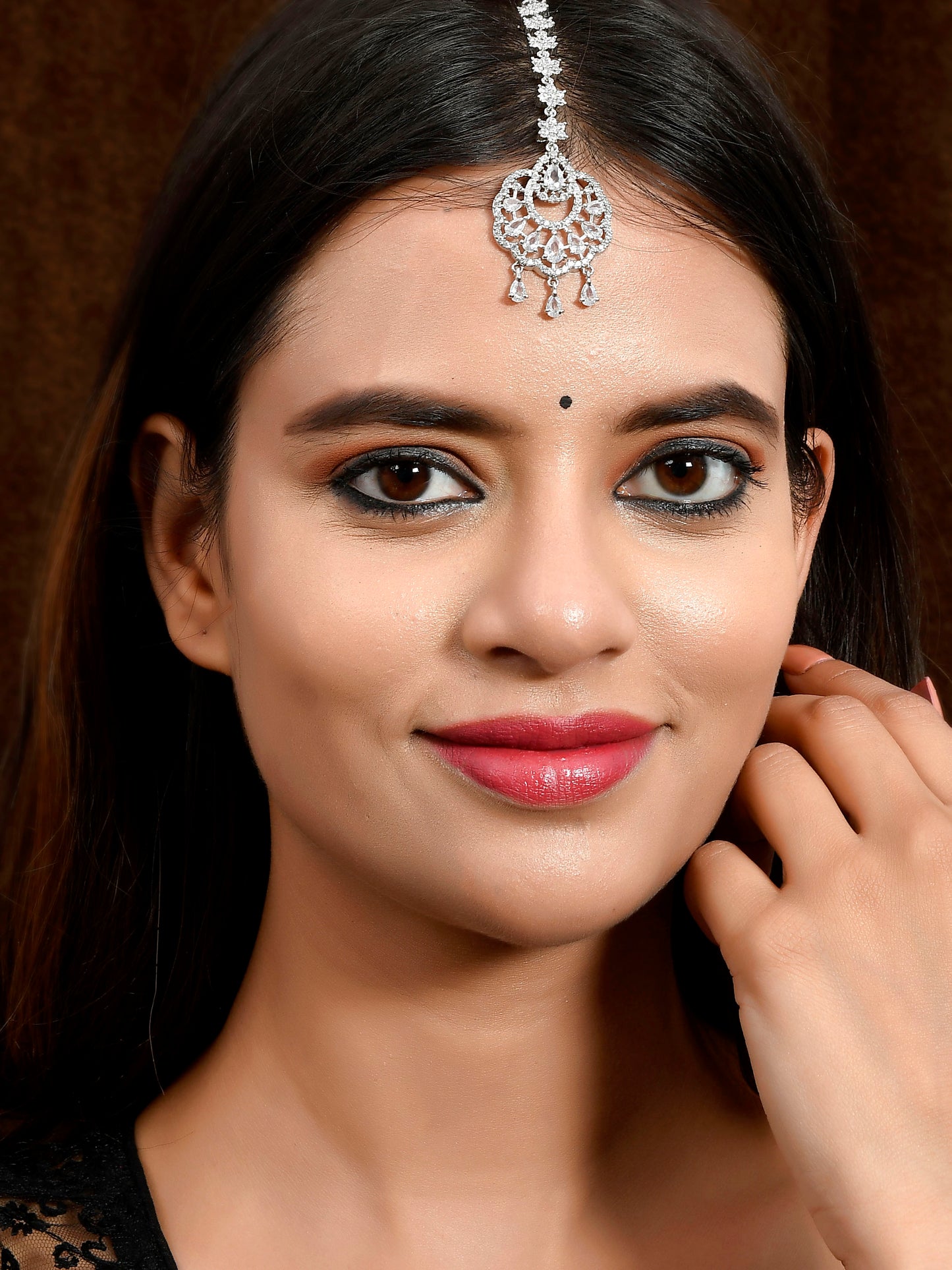 Silver Plated White American Diamond Studded Floral Maang Tikka