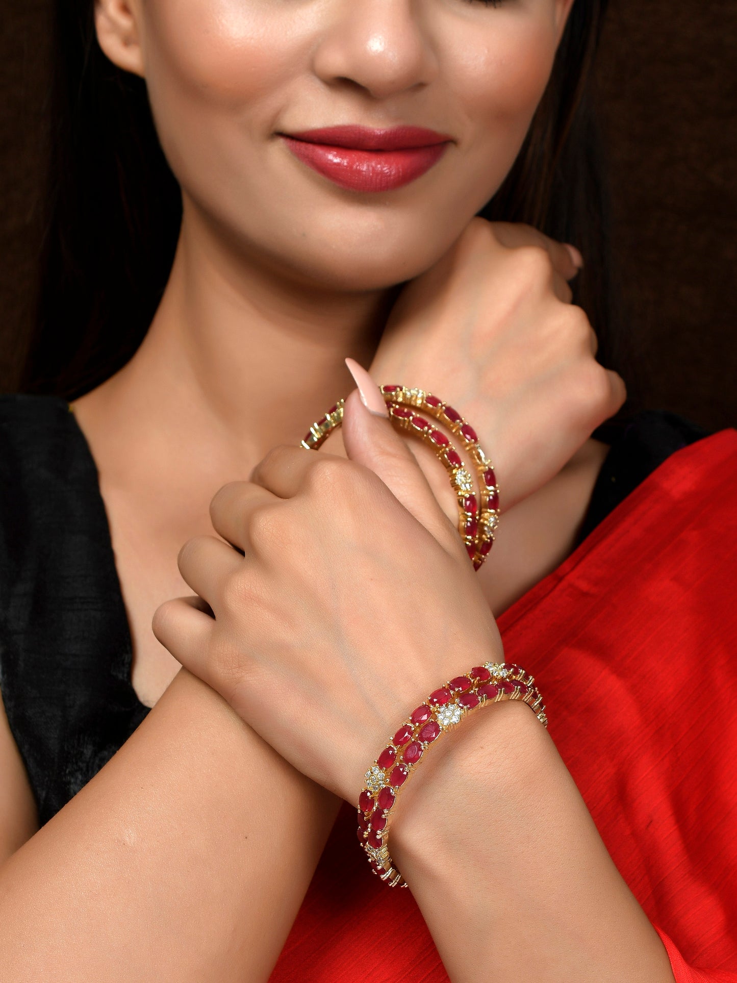 Set of 4 Gold Plated Red Stone Studded Handcrafted Ad Bangles
