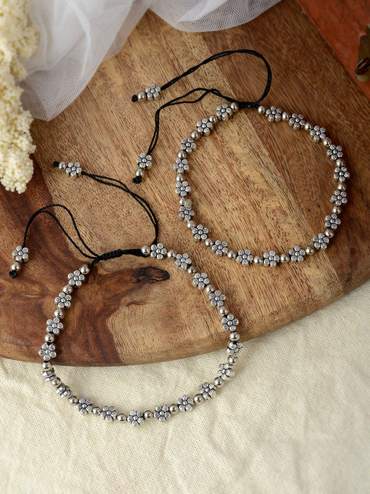 Silver Oxidizen Floral Bead Black Thread Anklet for Women/ Girls Online