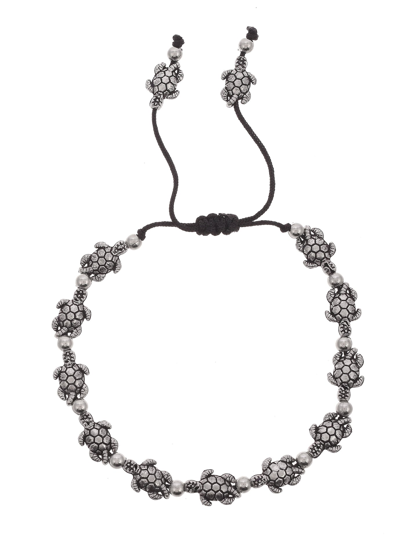 Silver Plated Oxidized Tortoise Bead Black Thread Anklets for Women