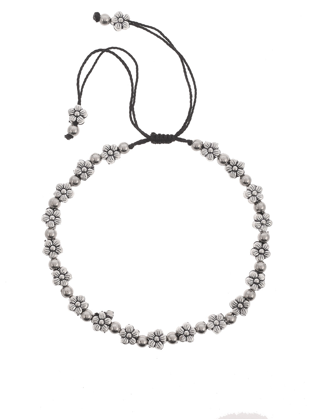 silver oxidizen Floral Bead Black Thread Anklet for women/ girls
