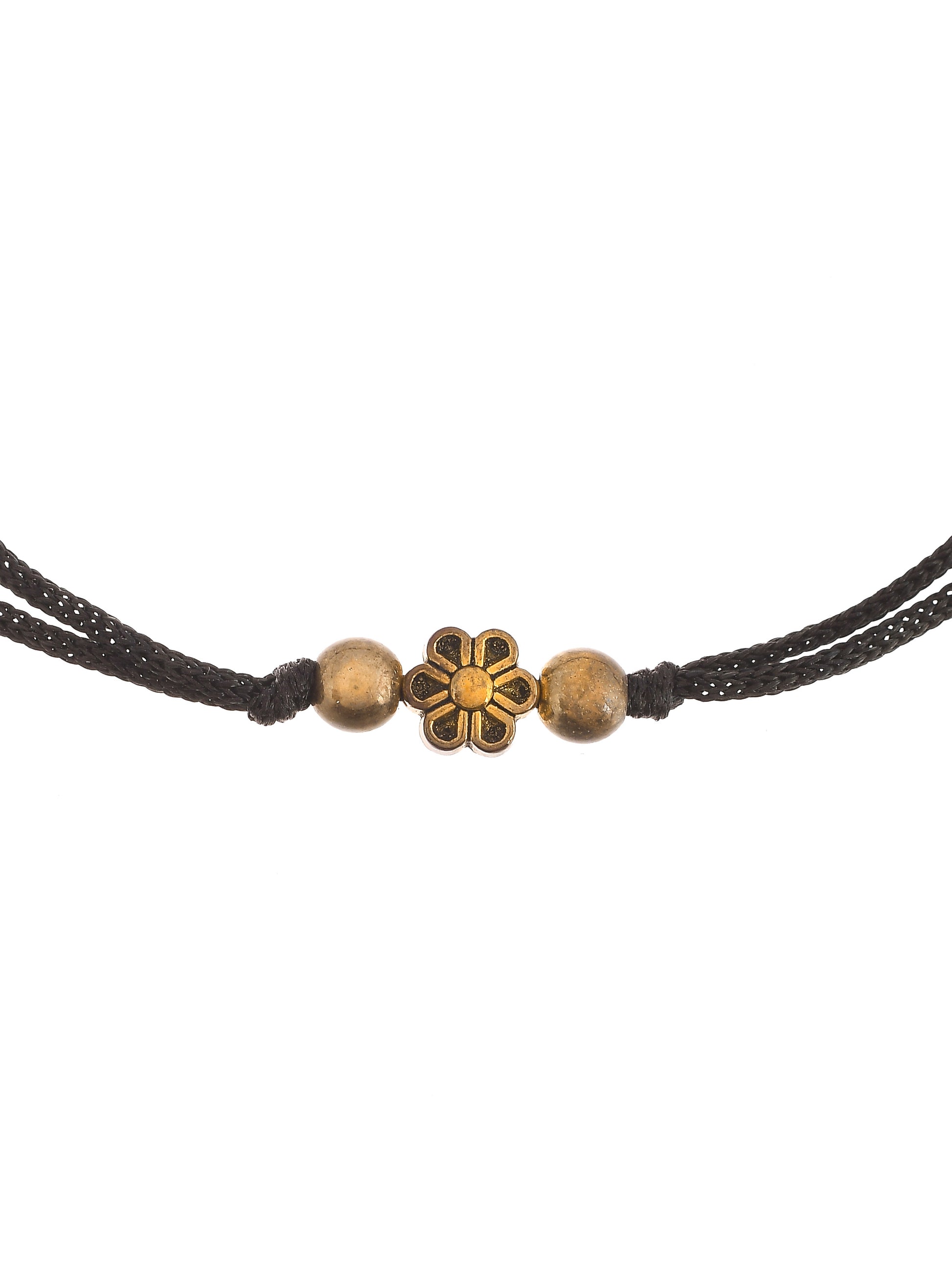 Gold Flower Charm Beads Black Thread Anklet