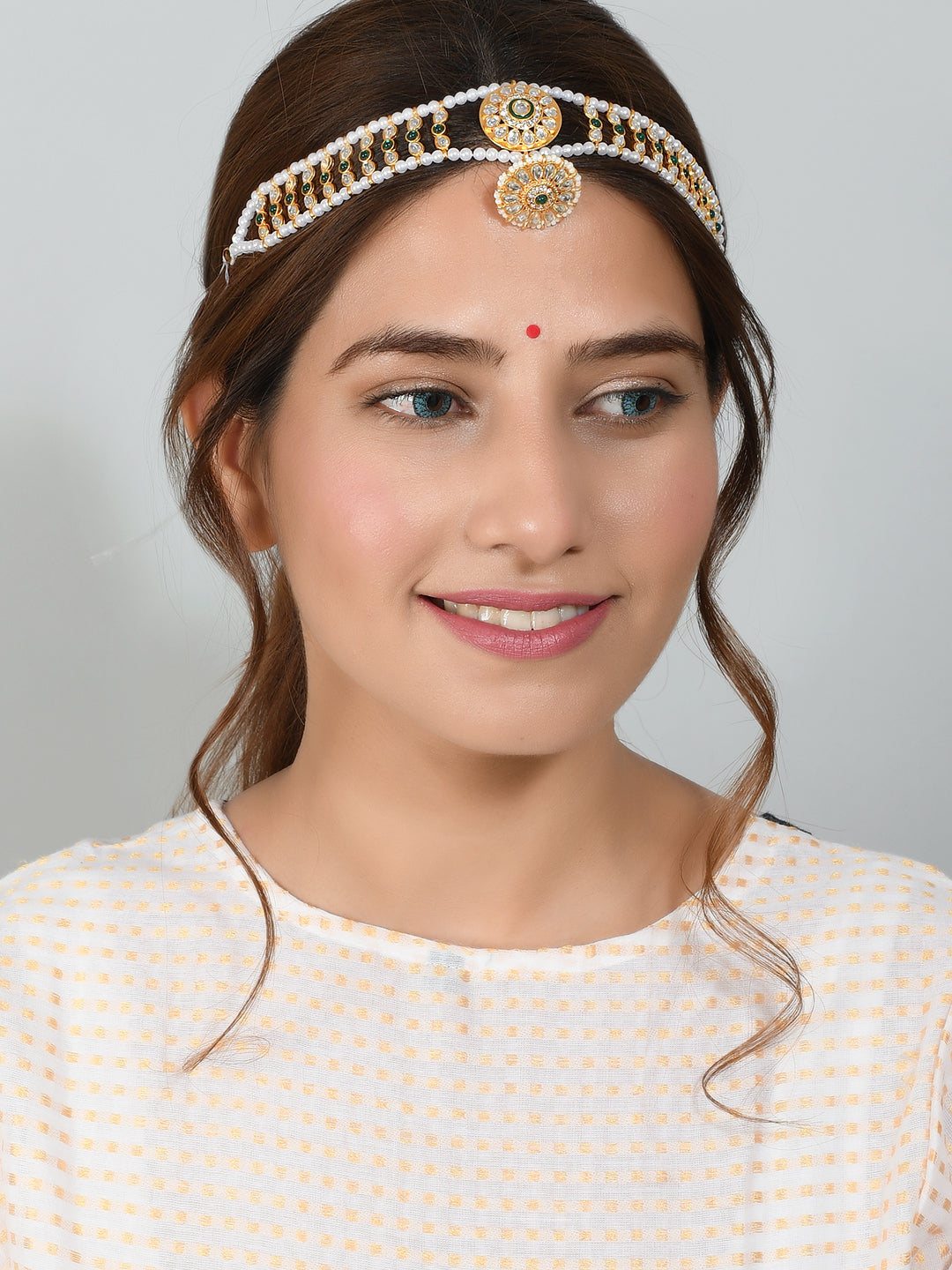 Gold Plated Kundan Pearl Headband Rajputi Mathapati with Borla