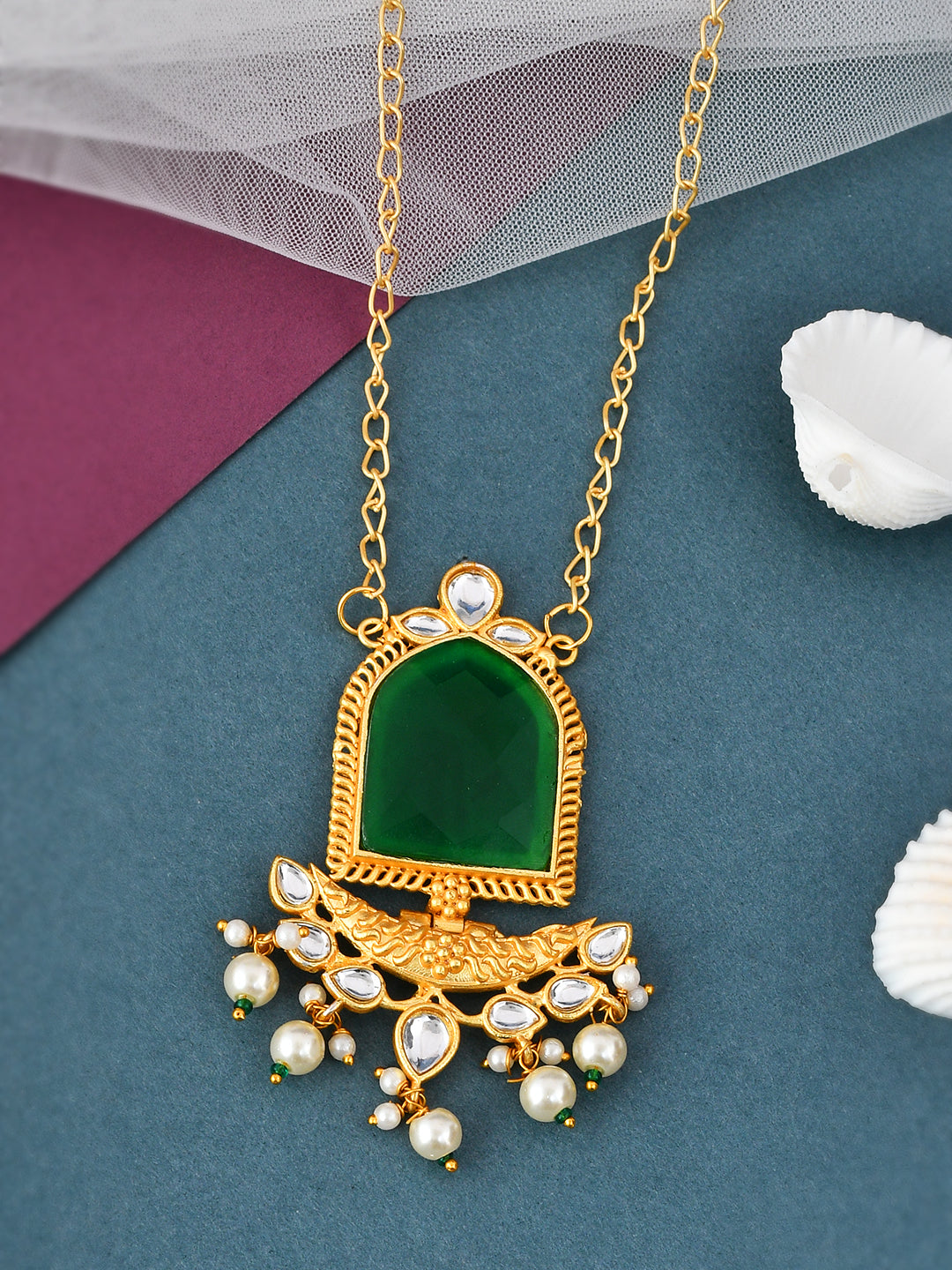 Green Stone Kundan Big Pendant Chain Necklace