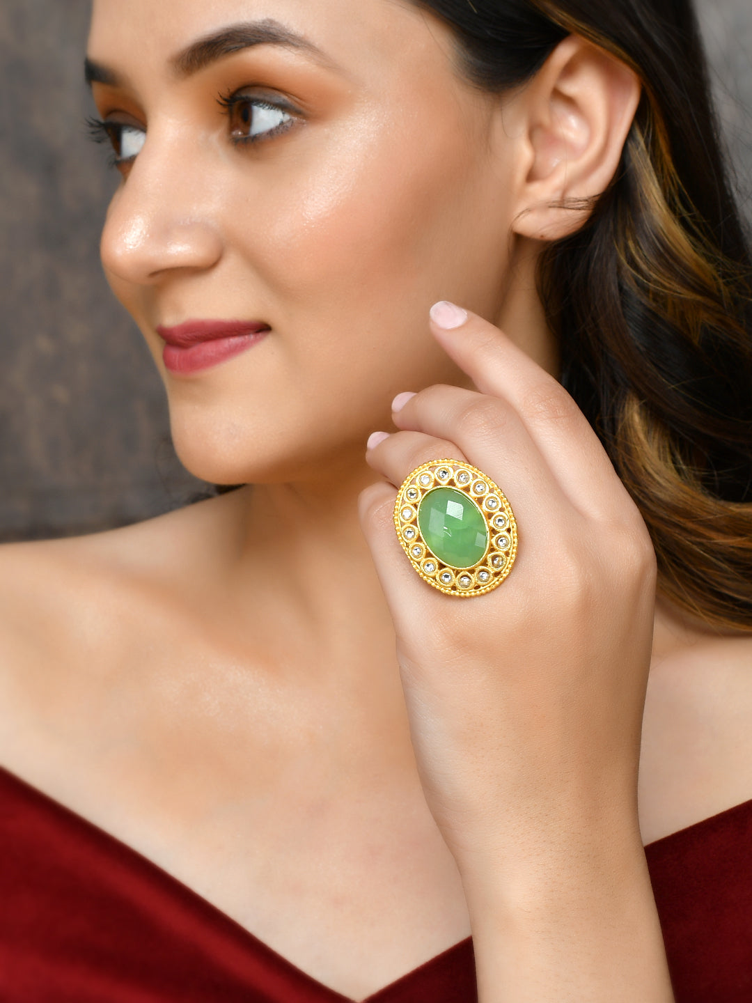 Gold Plated Green Kundan Adjustable Finger Ring