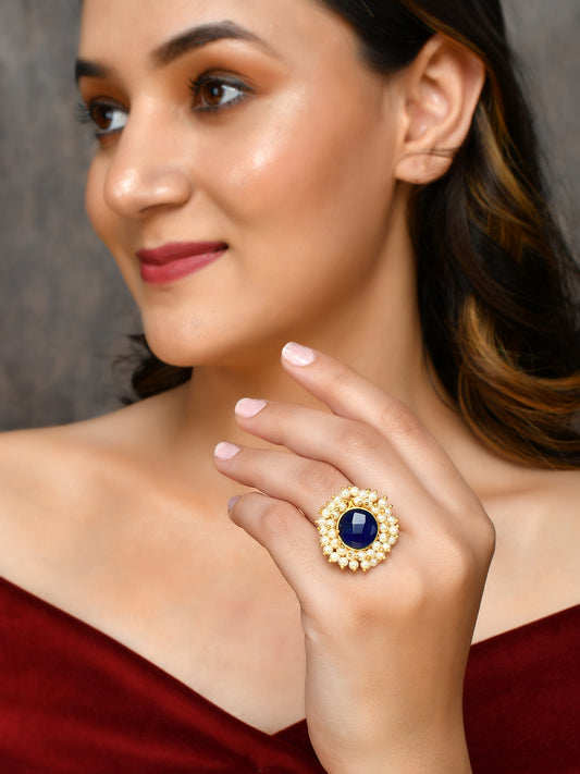 Gold Plated Blue Stone Pearl Traditional Finger Rings for Women Online
