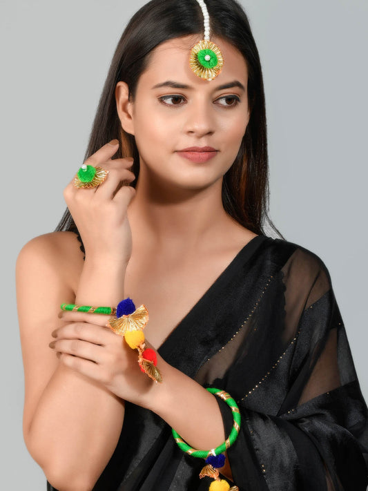 Gold Toned & Green Pearl Gota Patti Pom Pom Tassell Haldi Jewellery Sets for Women Online