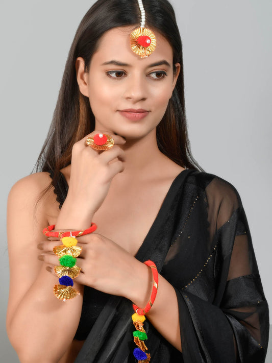 Red & Gold Toned Gota Patti Flower Haldi Jewellery Sets for Women Online