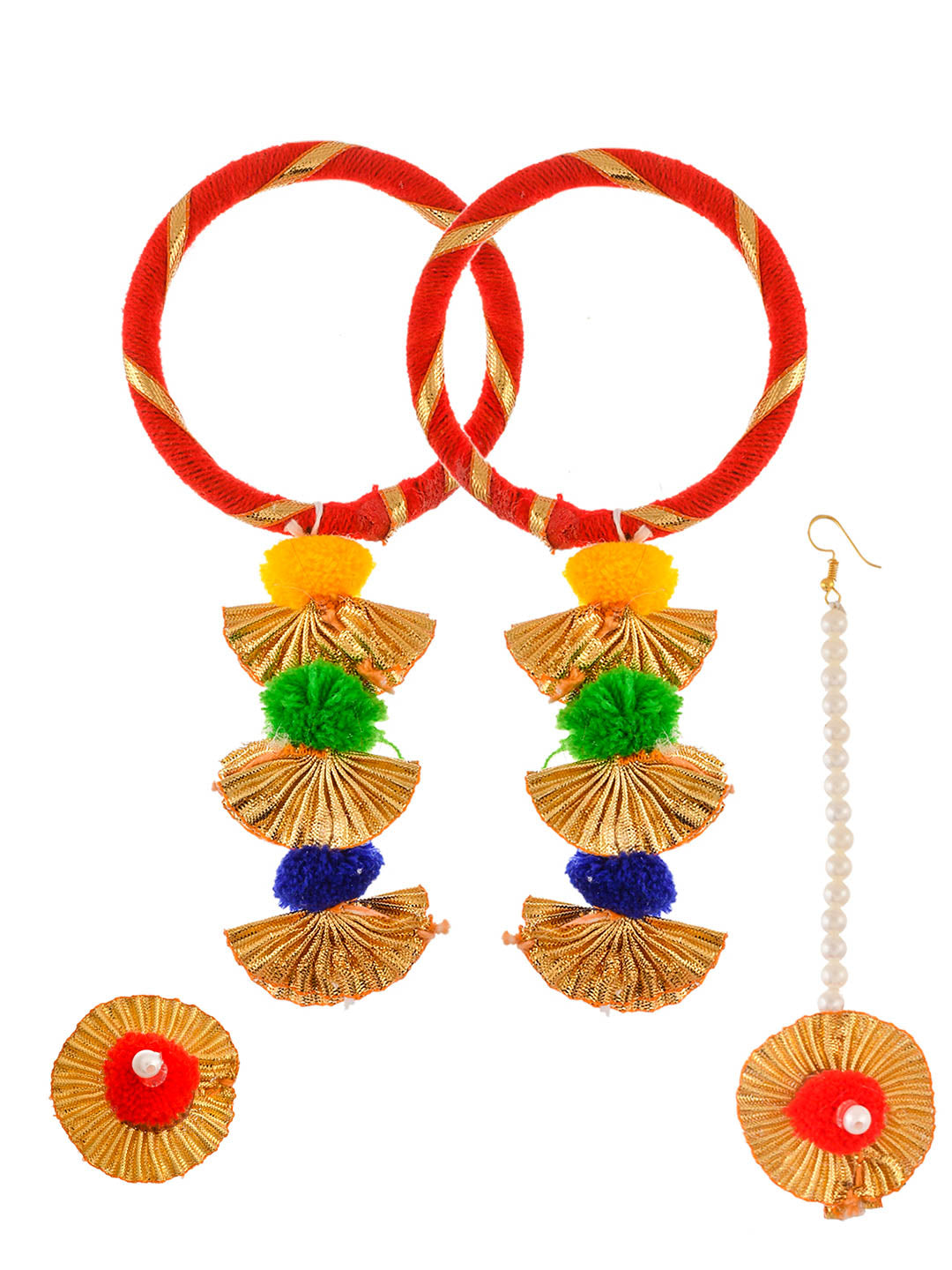 Red Gold Toned Gota Patti Flower Jewellery Set