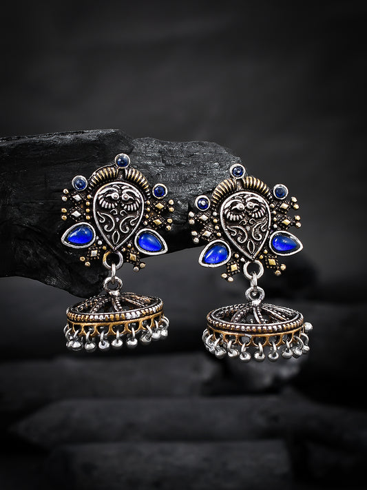 Blue Stone Ethnic Oxidised Silver Jhumka for Women Online
