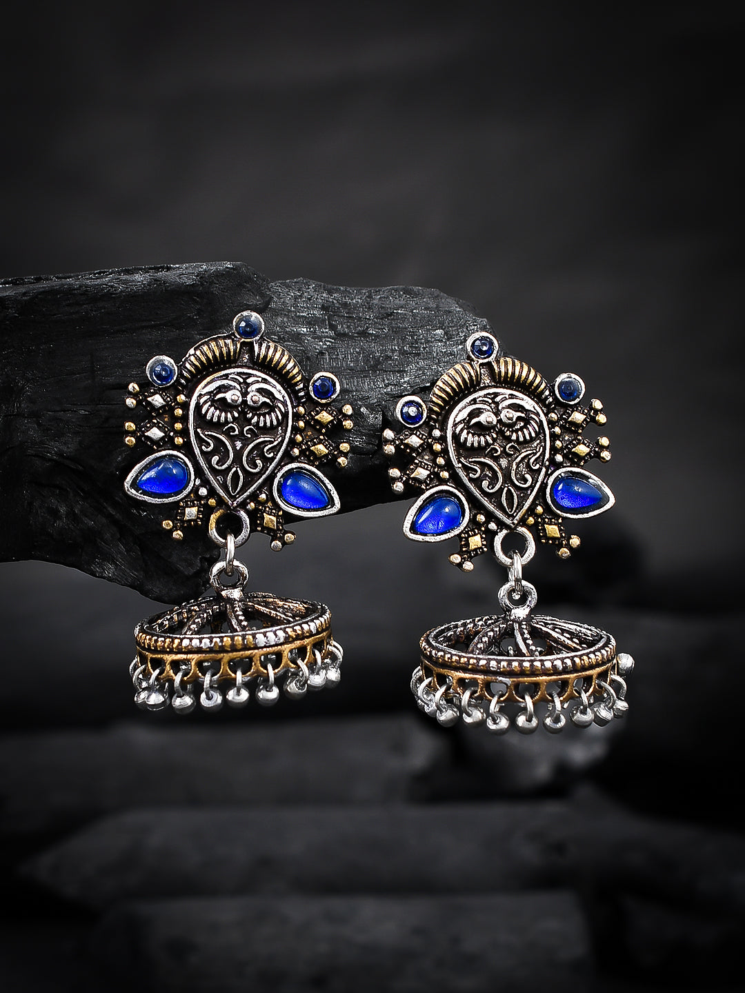 Blue Stone Ethnic Oxidised Silver Jhumka for Women Online