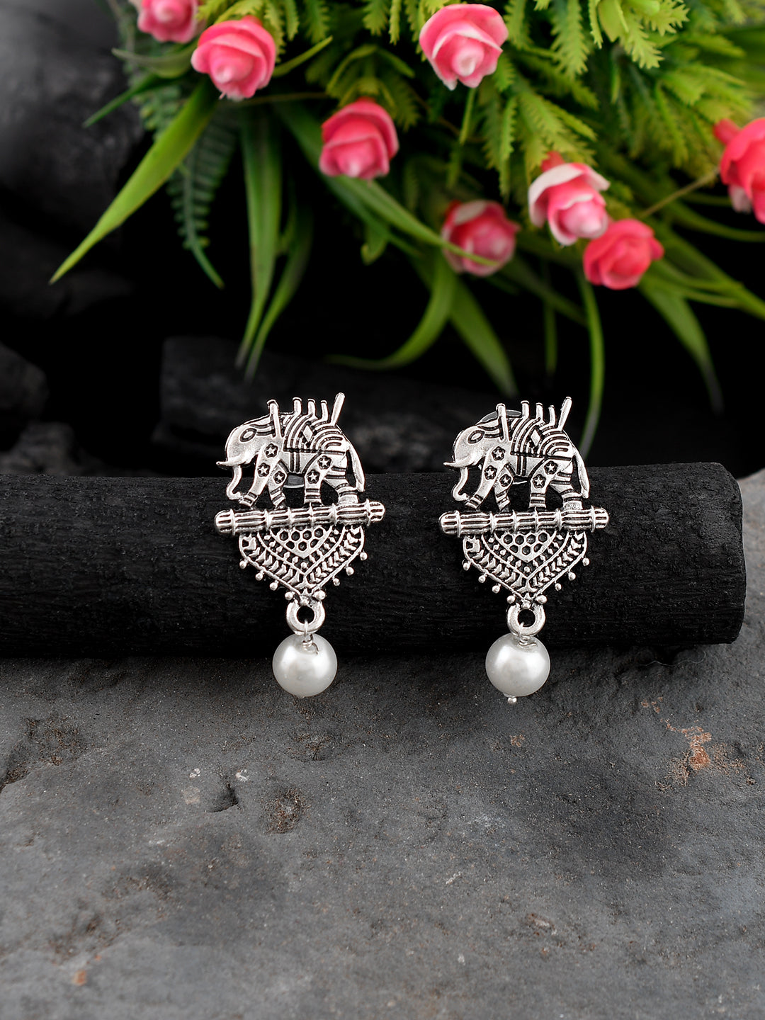 Silver Plated Pearl Drop Oxidized Elephant Earrings for Women