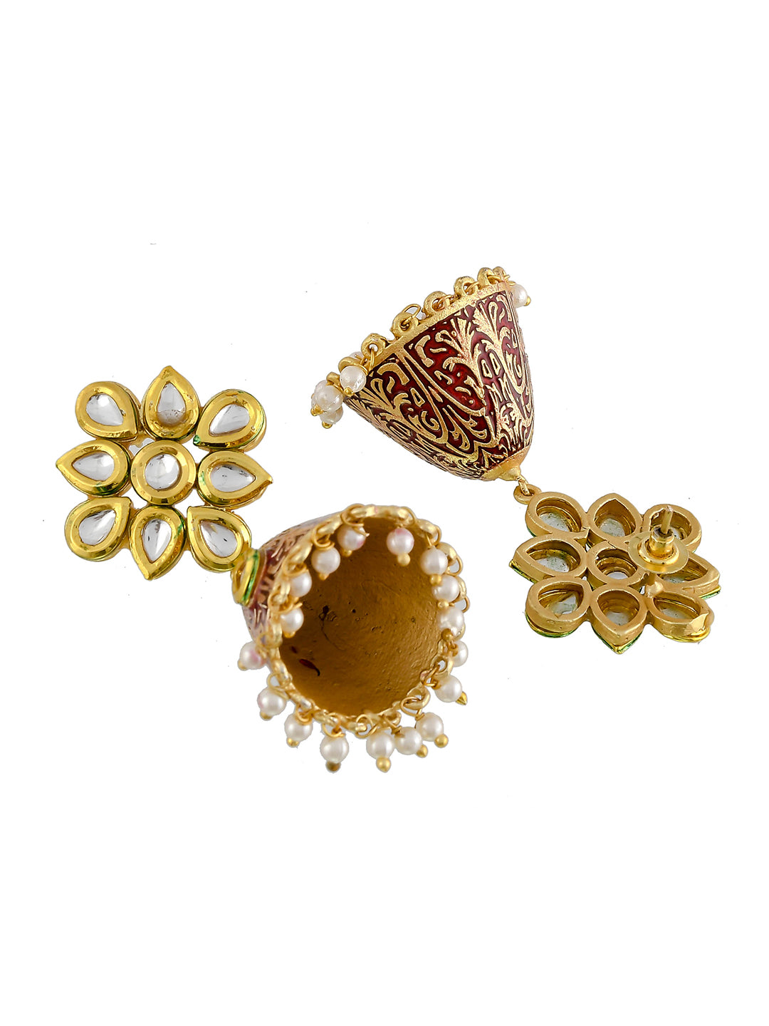 Golden Red Kundan Earrings For Ladies