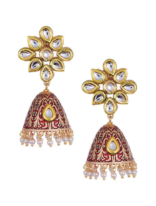 Golden Red Kundan Earrings For Ladies