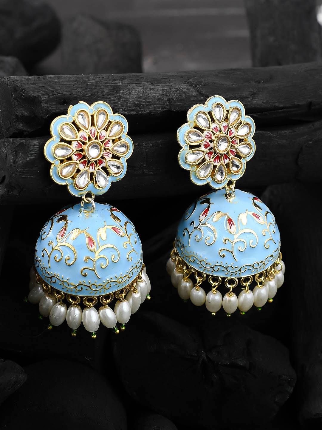 Gold Plated Blue Meenakari pearl Jhumka Earrings
