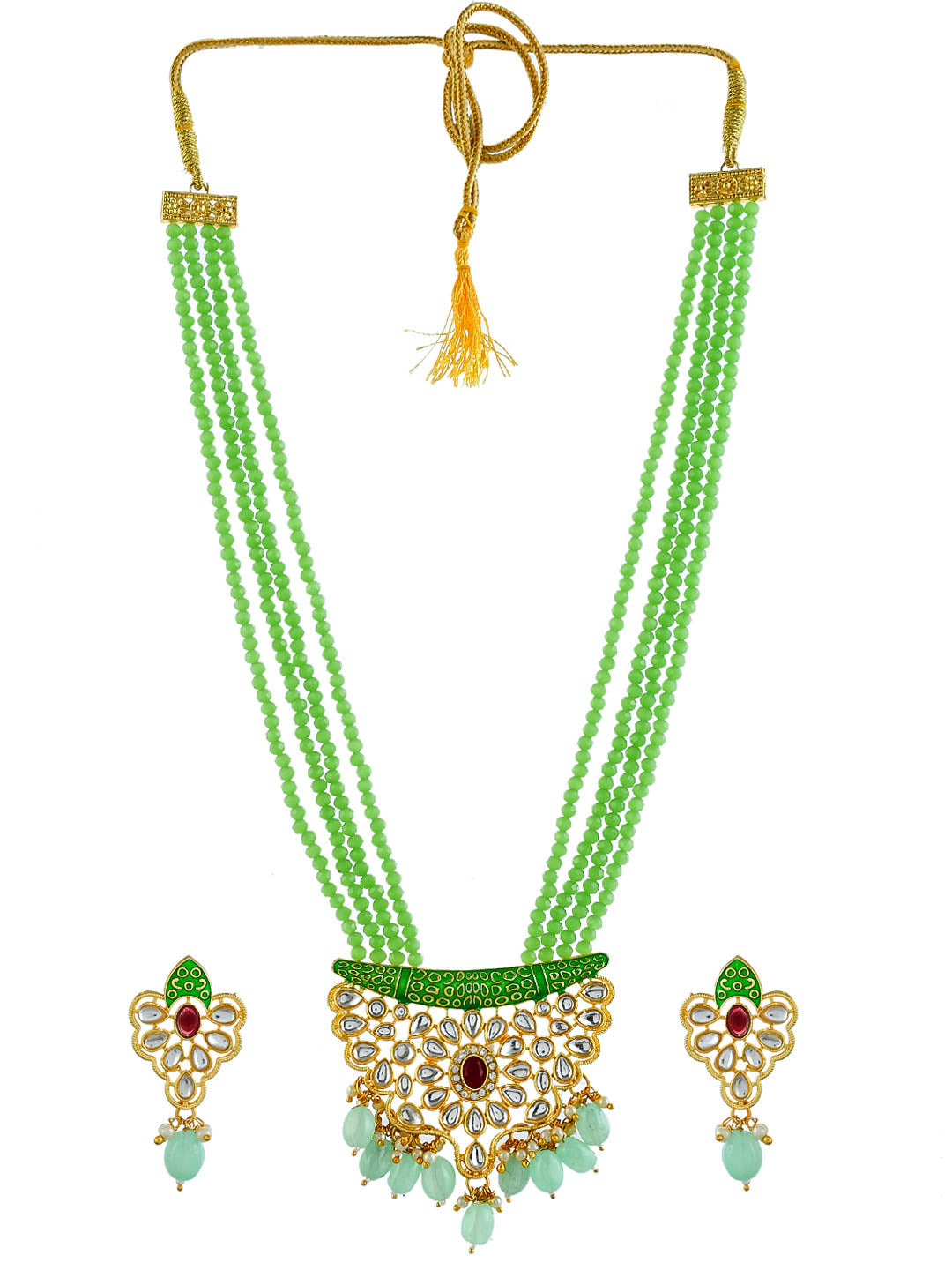 Green Beads Meenakari Pendant Long Jewellery Set For Women