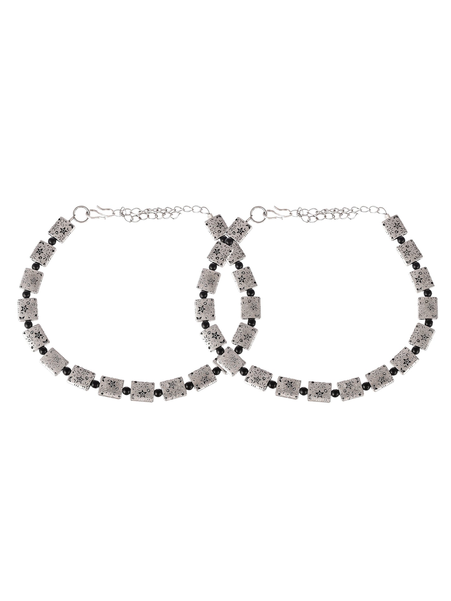 Silver Plated Square Beaded Oxidised Chain Anklet