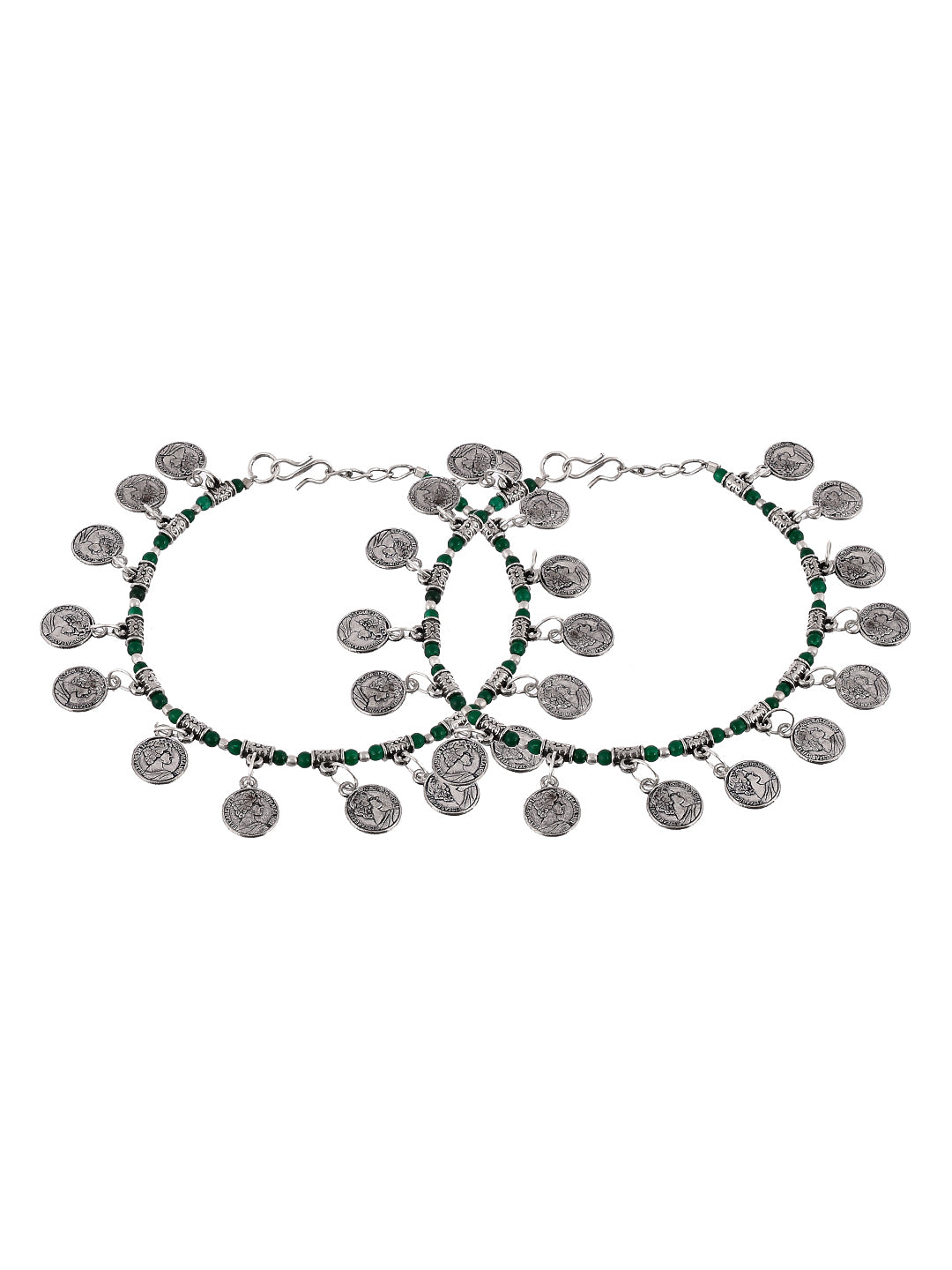 Silver Plated Green Beads Coin Handmade Anklets