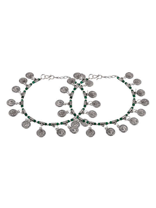 Silver Plated Green Beads Coin Handmade Anklets for Women Online