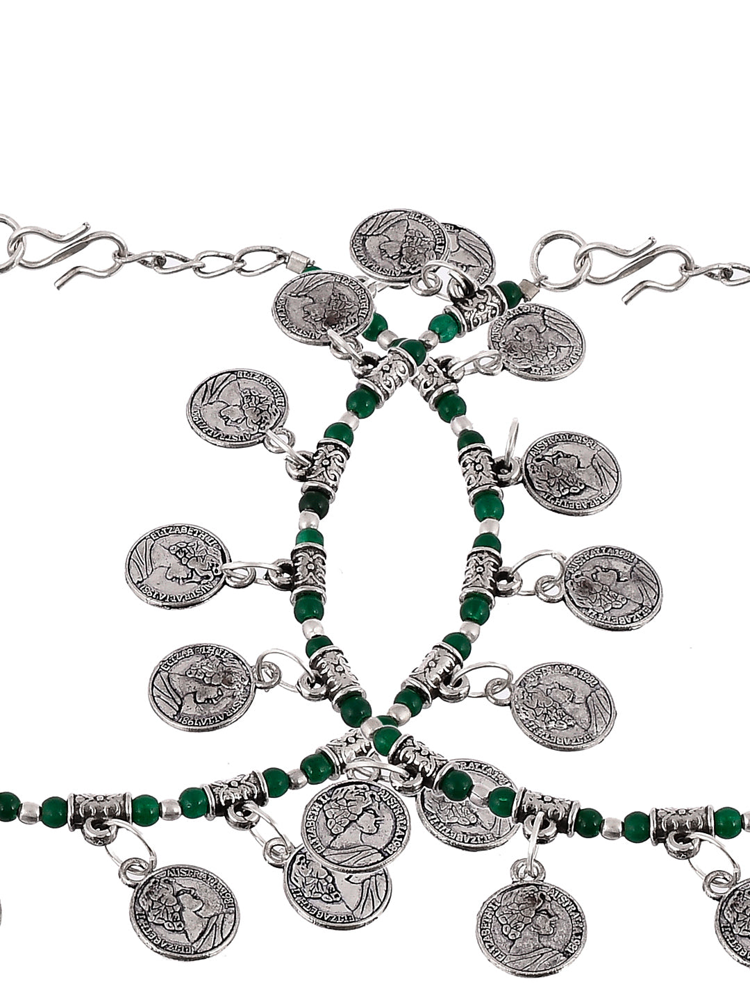 Silver Plated Green Beads Coin Handmade Anklets