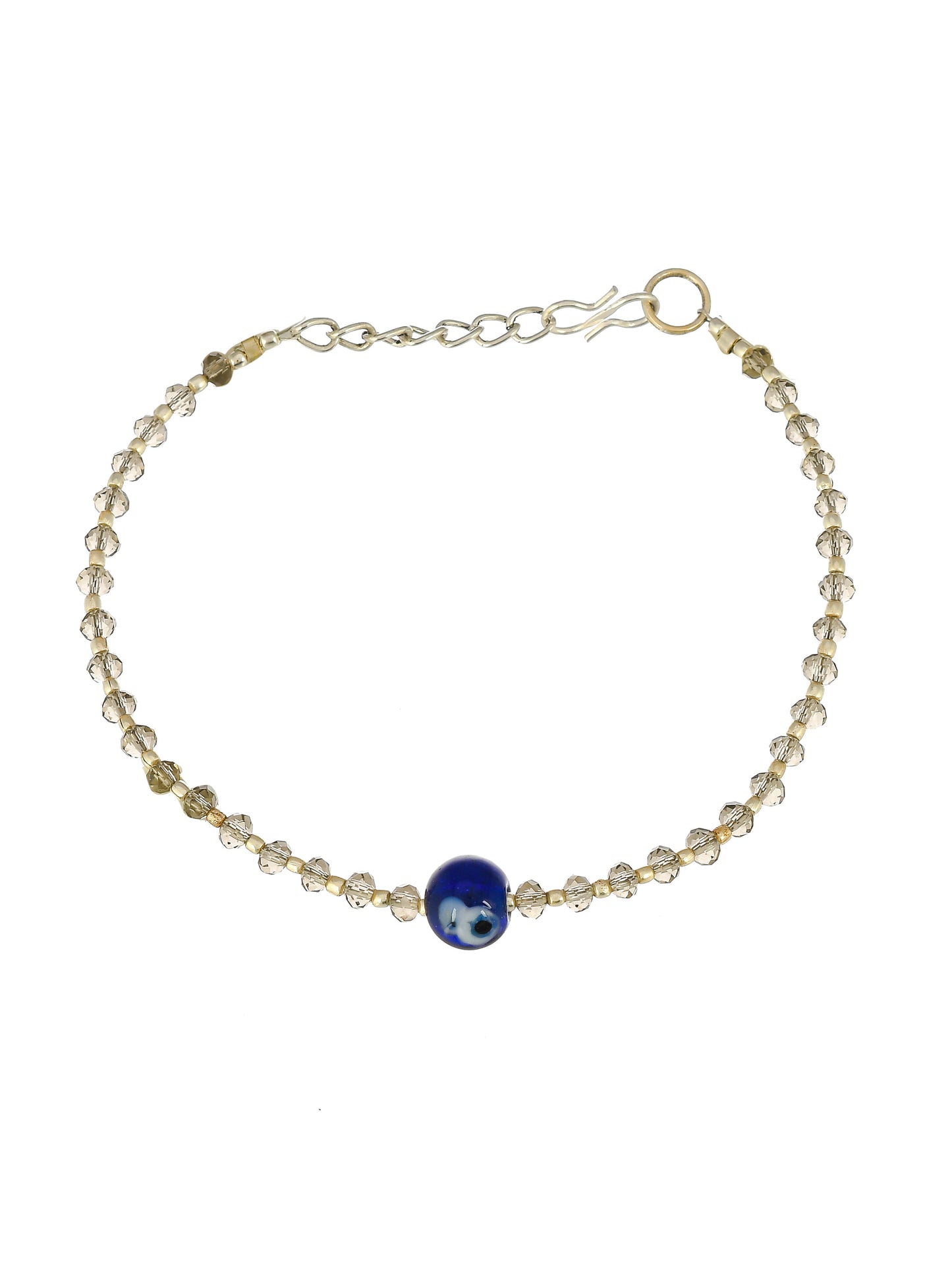 Silver Toned Grey Beaded Evil Eye Chain Anklet For Women