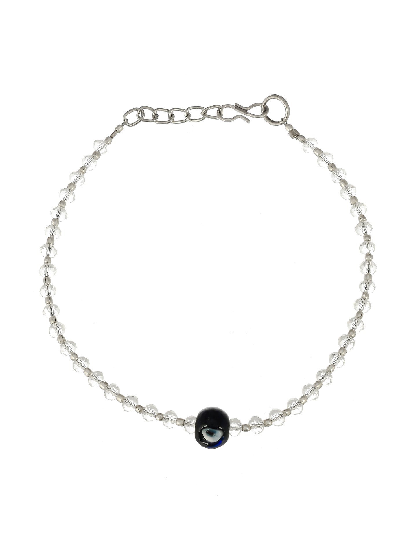Silver Toned White Beaded Evil Eye Chain Anklet
