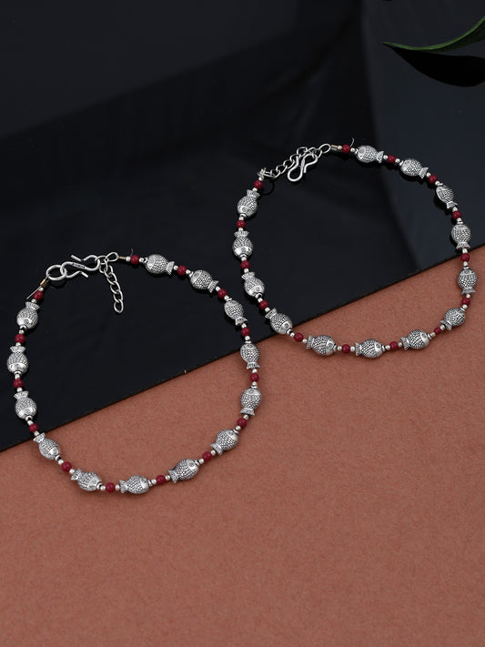 Set of 2 Oxidised Silver Plated Red Stone Handcrafted Anklets for Women Online