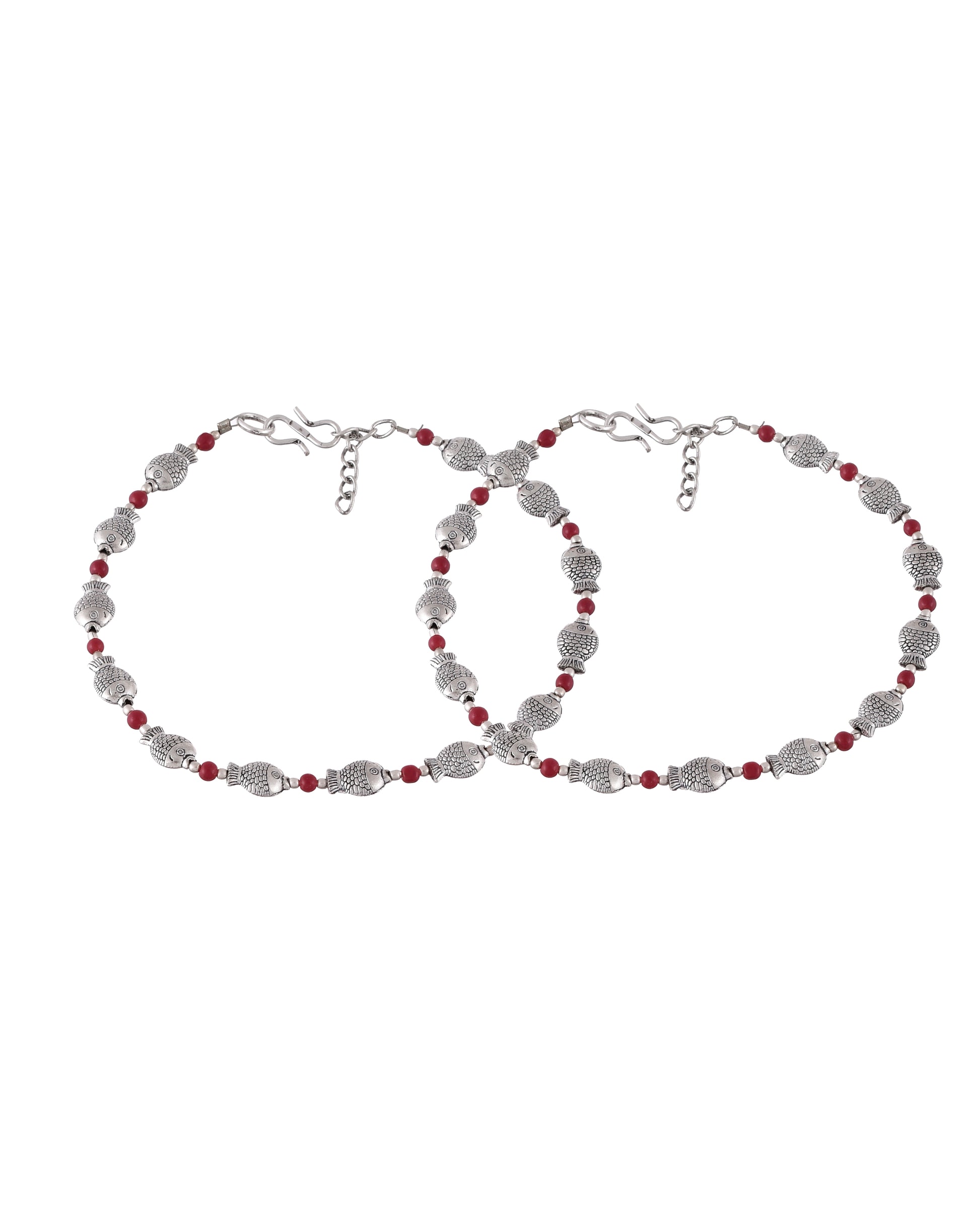 Set Of 2 Oxidised Silver Plated Red Beaded Handcrafted Anklets