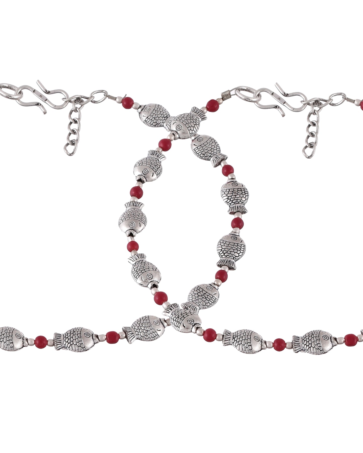 Set Of 2 Oxidised Silver Plated Red Beaded Handcrafted Anklets