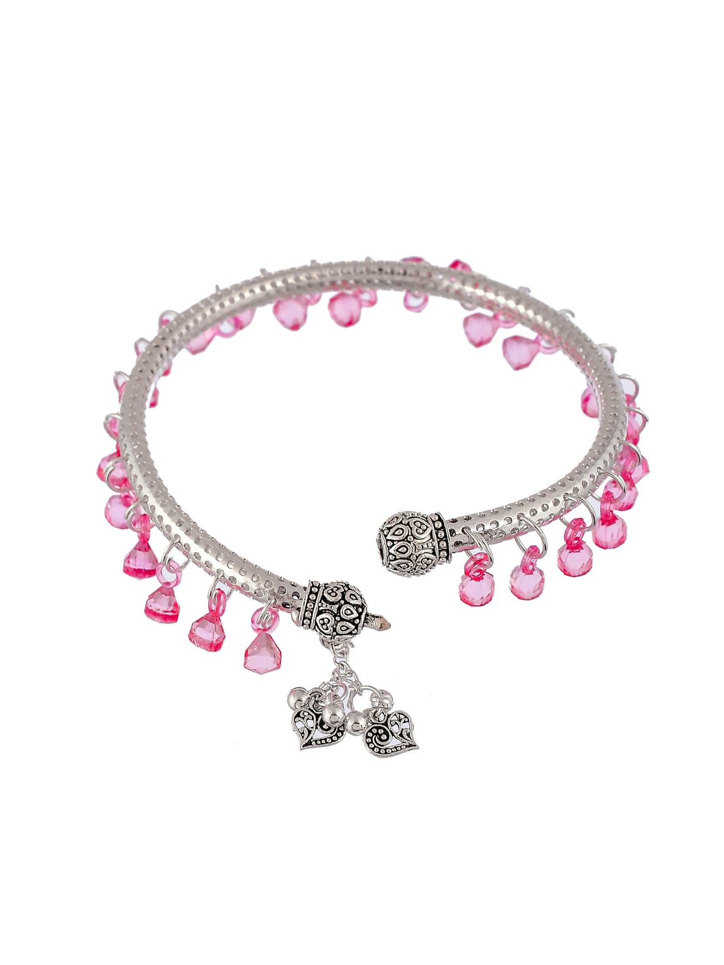 Set Of 2 Silver Plated Pink Beaded Kada Anklets